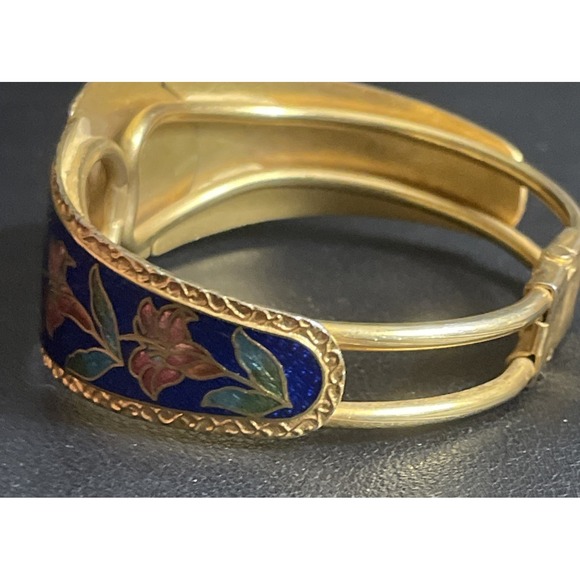 Vintage Cloisonne Hinged Bracelet Bangle Panda Floral Calla Lily Gold Tone - Picture 6 of 15